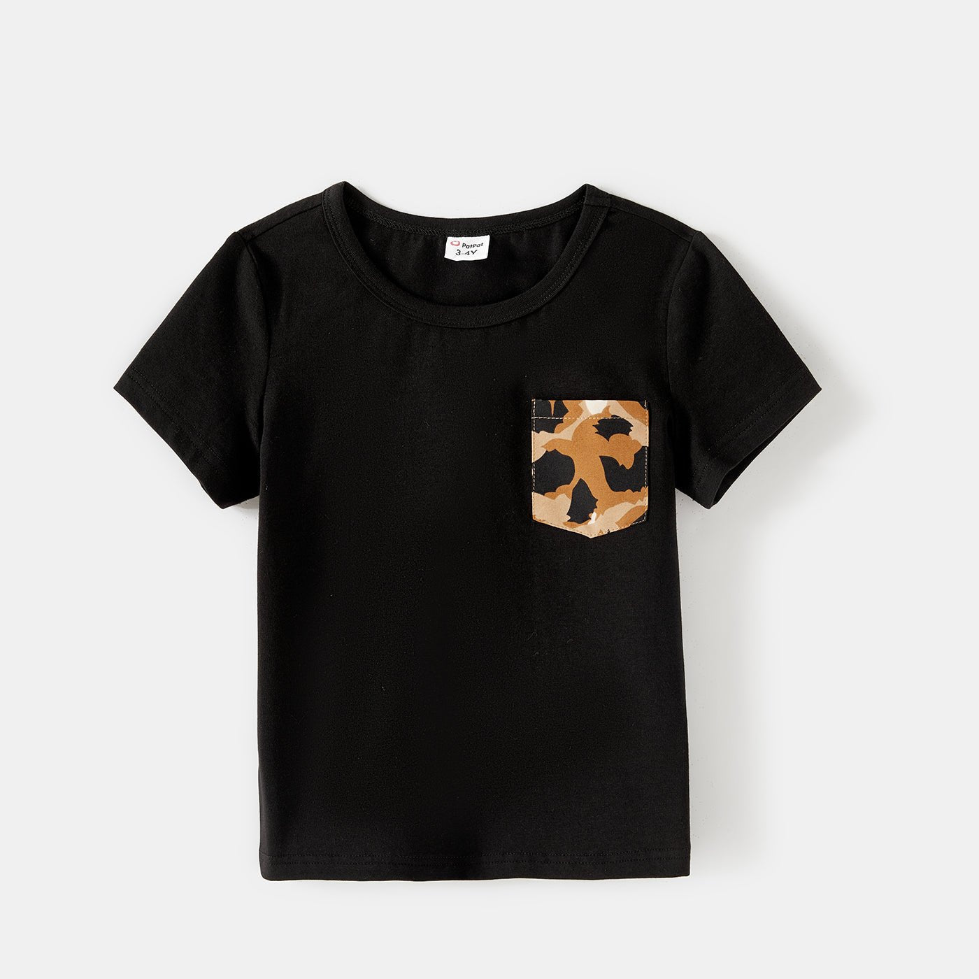 Family Matching Cotton Black Short-sleeve T-shirts and Leopard Print High Low Hem Flutter-sleeve Dresses Sets - 20551039