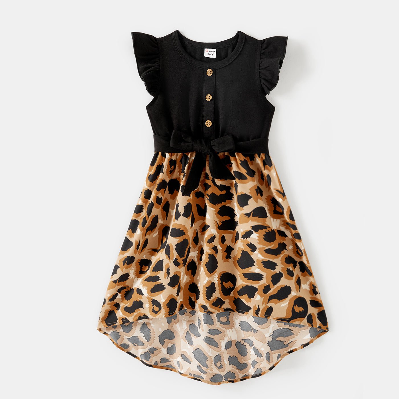 Family Matching Cotton Black Short-sleeve T-shirts and Leopard Print High Low Hem Flutter-sleeve Dresses Sets - 20551039
