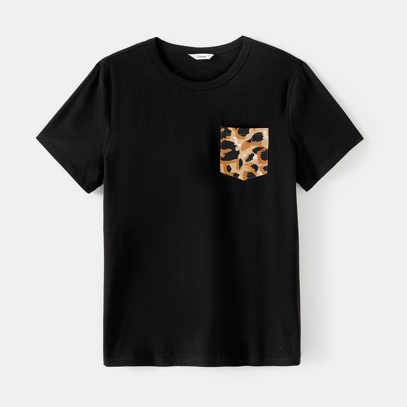 Family Matching Cotton Black Short-sleeve T-shirts and Leopard Print High Low Hem Flutter-sleeve Dresses Sets - 20551039