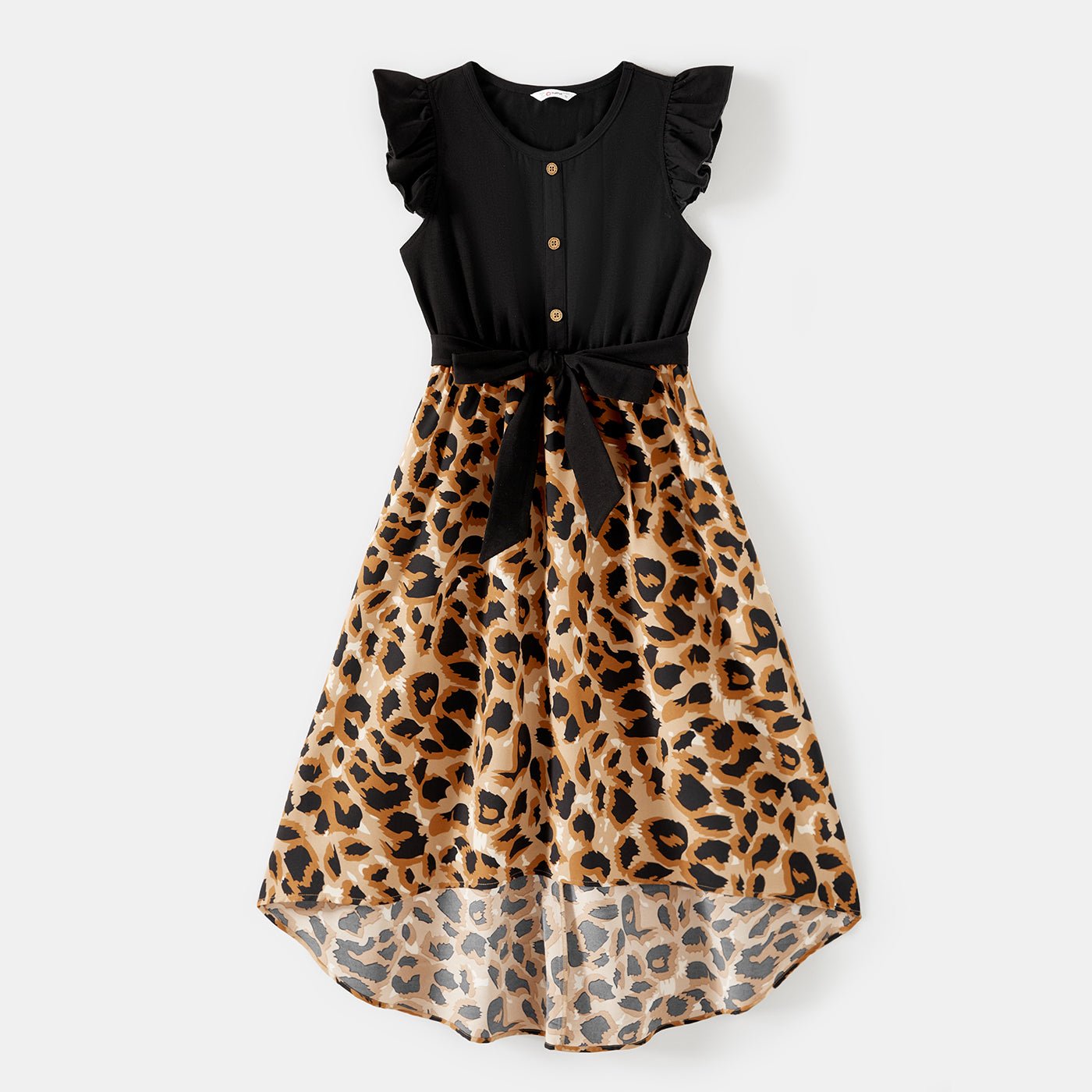 Family Matching Cotton Black Short-sleeve T-shirts and Leopard Print High Low Hem Flutter-sleeve Dresses Sets - 20551039