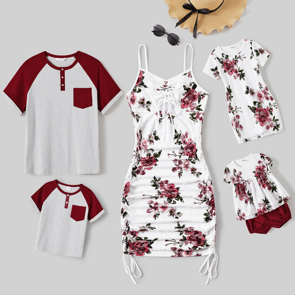 Family Matching Cotton Colorblock Raglan Sleeve T-shirts and Allover Floral Print Drawstring Ruched Bodycon Dresses Sets - 20596243