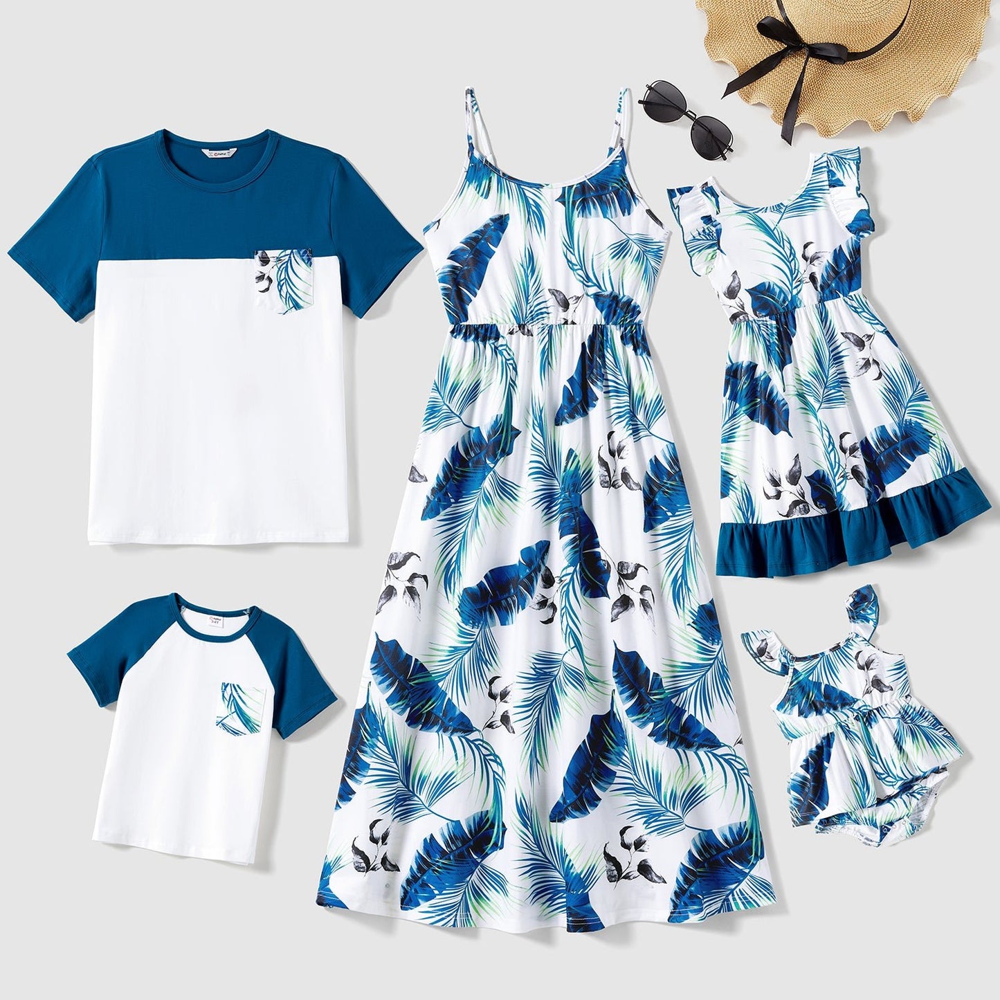 Family Matching Cotton Colorblock Short-sleeve T-shirts and Allover Plant Print Cami Dresses Sets - 20631832
