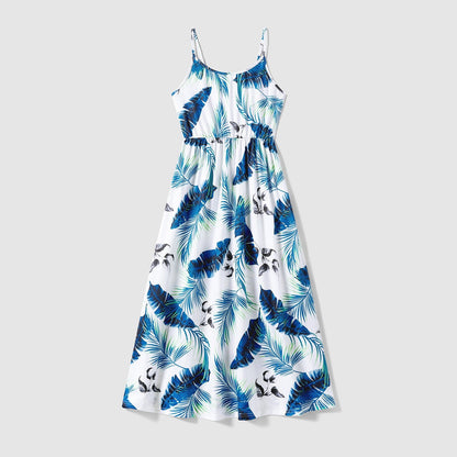 Family Matching Cotton Colorblock Short-sleeve T-shirts and Allover Plant Print Cami Dresses Sets - 20631832