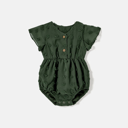 Family Matching Cotton Colorblock T-shirts and Solid Swiss Dot Halter Sleeveless Belted Dresses Sets - 20585274
