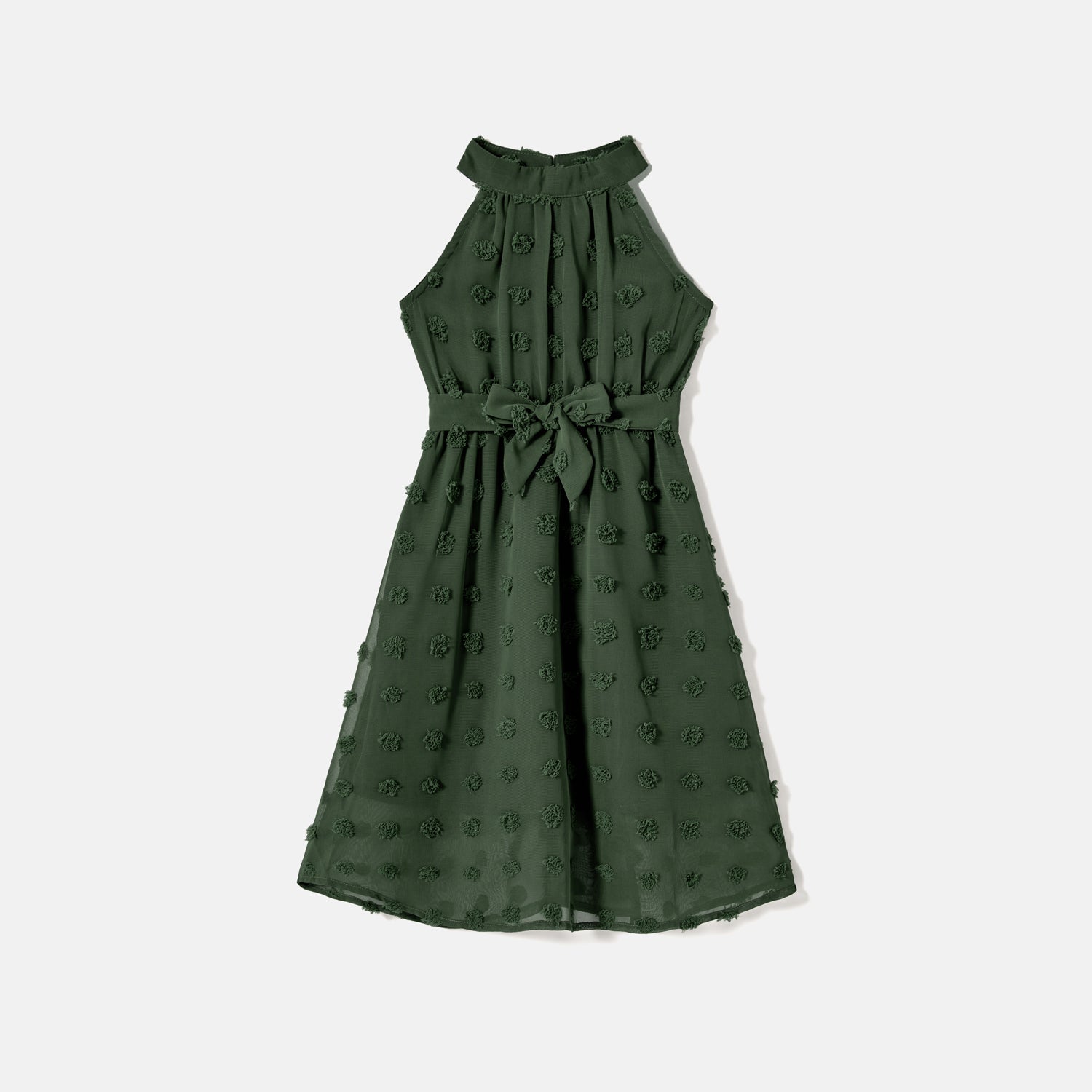 Family Matching Cotton Colorblock T-shirts and Solid Swiss Dot Halter Sleeveless Belted Dresses Sets - 20585274