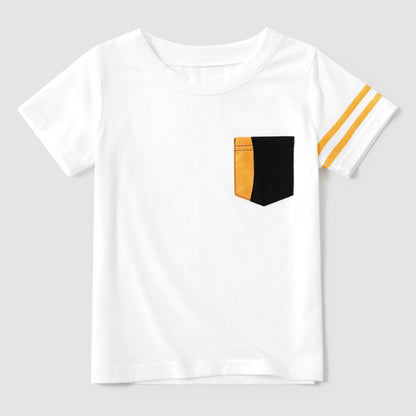 Family Matching Cotton Raglan Sleeve T-shirts and Striped Belted Dresses Sets - 20572395