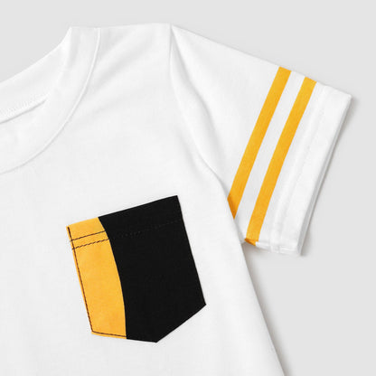 Family Matching Cotton Raglan Sleeve T-shirts and Striped Belted Dresses Sets - 20572395