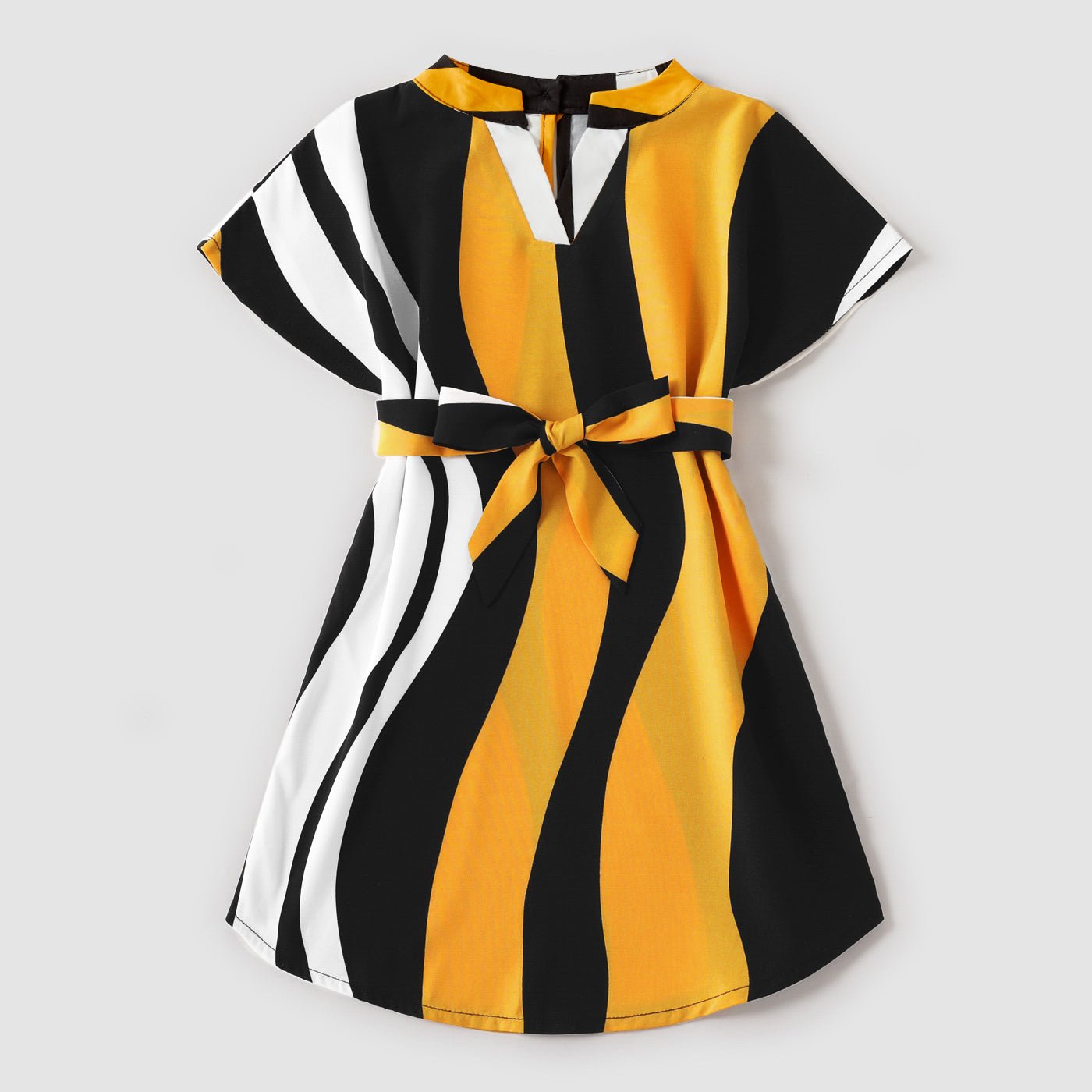 Family Matching Cotton Raglan Sleeve T-shirts and Striped Belted Dresses Sets - 20572395