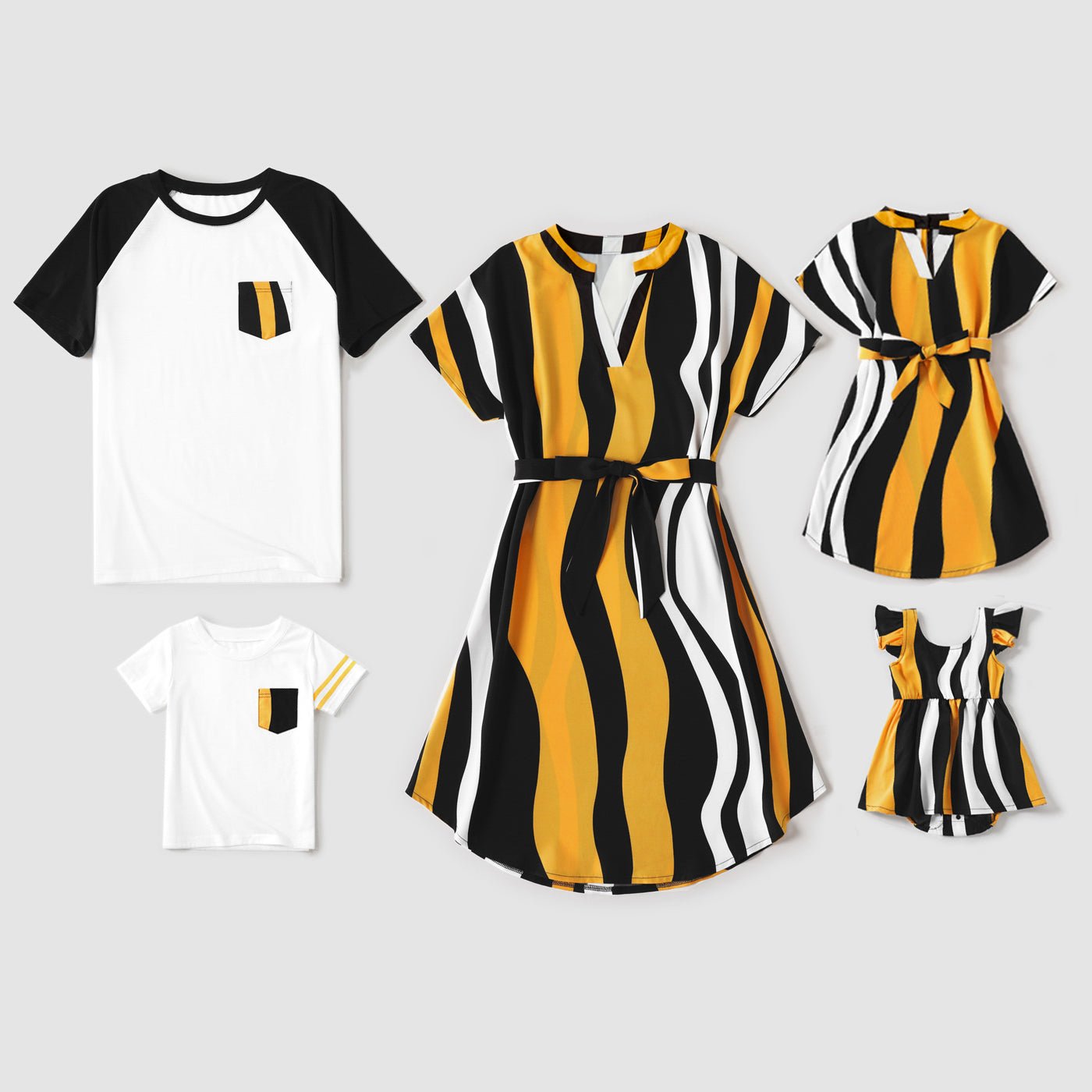 Family Matching Cotton Raglan Sleeve T-shirts and Striped Belted Dresses Sets - 20572395