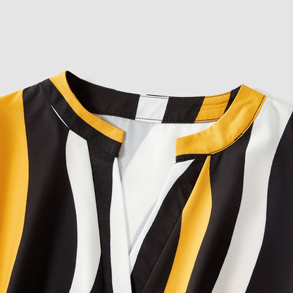 Family Matching Cotton Raglan Sleeve T-shirts and Striped Belted Dresses Sets - 20572395