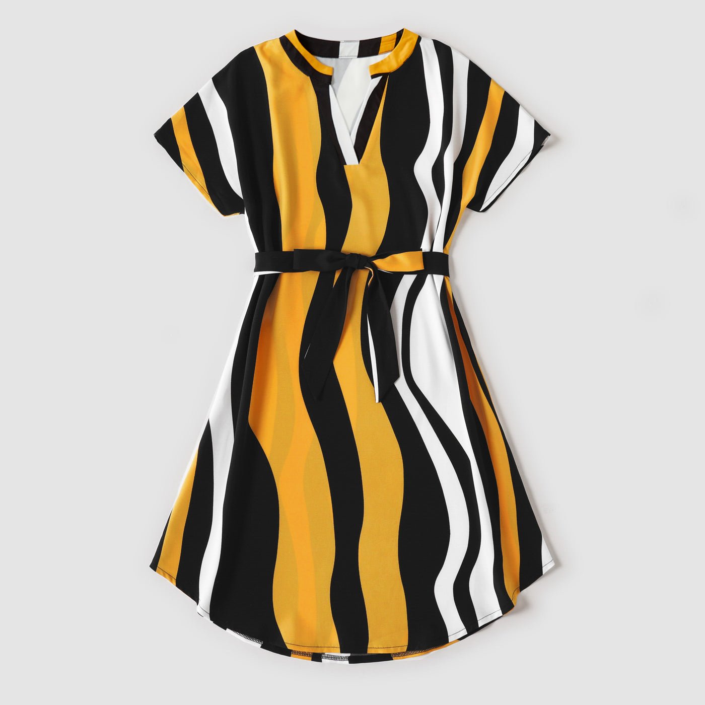 Family Matching Cotton Raglan Sleeve T-shirts and Striped Belted Dresses Sets - 20572395