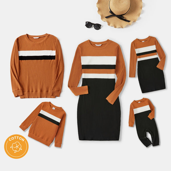 Family Matching Cotton Rib Knit Colorblock Long-sleeve Bodycon Dresses and Tops Sets - 20511680