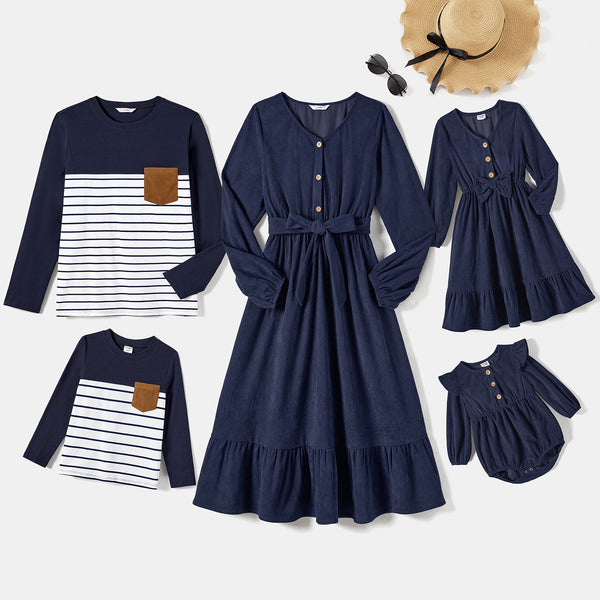 Family Matching Cotton Ribbed Long-sleeve Colorblock Dresses and Striped Tops Sets - 20705524