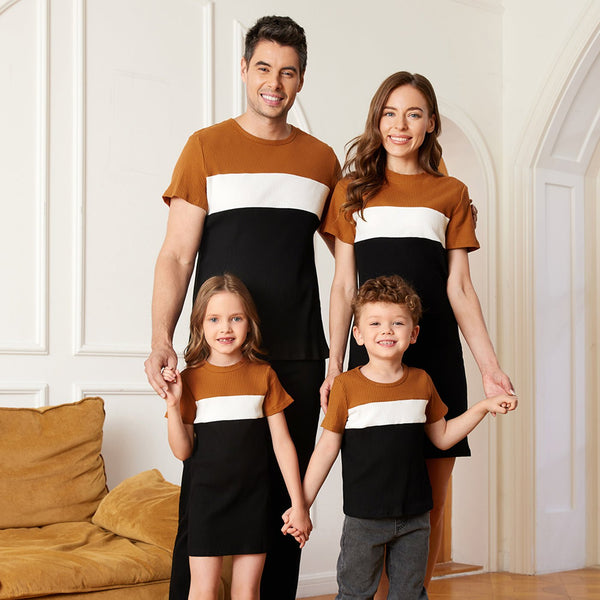 Family Matching Cotton Short-sleeve Colorblock Rib Knit Mock Neck Bodycon Dresses and Tops Sets - 20488423