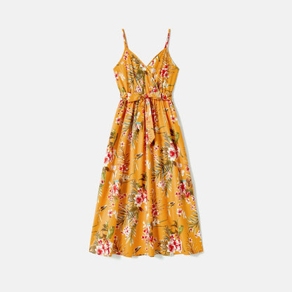 Family Matching Cotton Short-sleeve Colorblock T-shirts and Allover Floral Print Belted Strappy Dresses Sets - 20605990