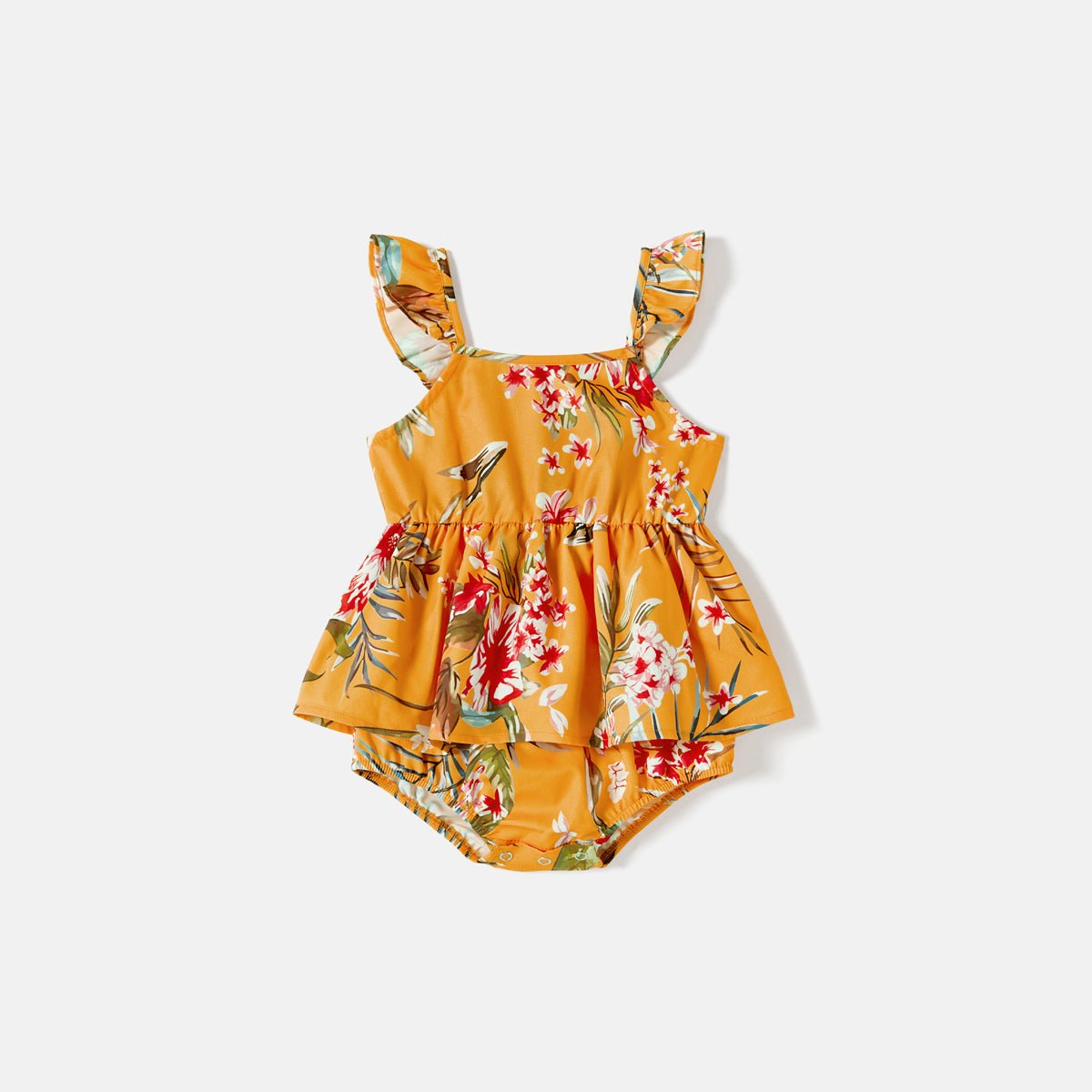 Family Matching Cotton Short-sleeve Colorblock T-shirts and Allover Floral Print Belted Strappy Dresses Sets - 20605990