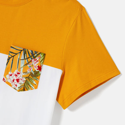 Family Matching Cotton Short-sleeve Colorblock T-shirts and Allover Floral Print Belted Strappy Dresses Sets - 20605990