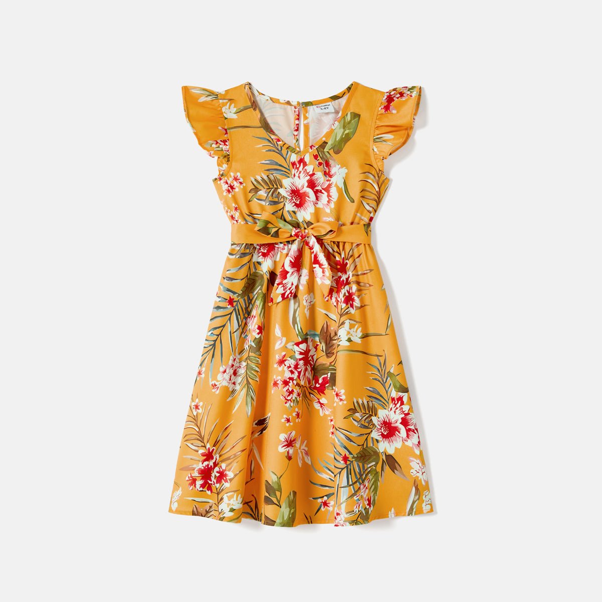 Family Matching Cotton Short-sleeve Colorblock T-shirts and Allover Floral Print Belted Strappy Dresses Sets - 20605990