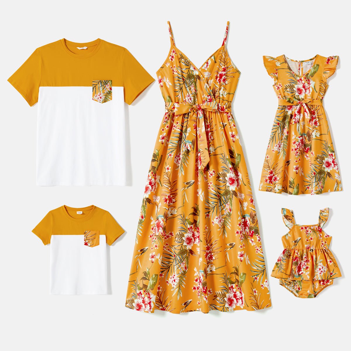 Family Matching Cotton Short-sleeve Colorblock T-shirts and Allover Floral Print Belted Strappy Dresses Sets - 20605990