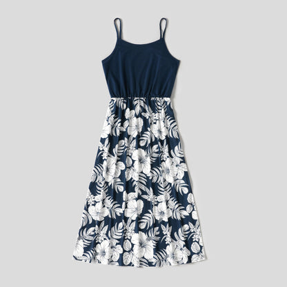 Family Matching Cotton Short-sleeve Colorblock T-shirts and Floral Print Naia? Spliced Cami Dresses Sets - 20560619