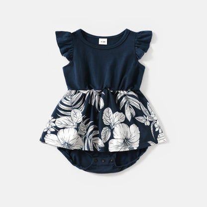 Family Matching Cotton Short-sleeve Colorblock T-shirts and Floral Print Naia? Spliced Cami Dresses Sets - 20560619