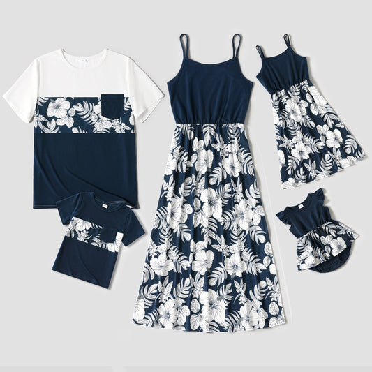 Family Matching Cotton Short-sleeve Colorblock T-shirts and Floral Print Naia? Spliced Cami Dresses Sets - 20560619