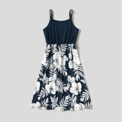 Family Matching Cotton Short-sleeve Colorblock T-shirts and Floral Print Naia? Spliced Cami Dresses Sets - 20560619
