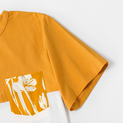 Family Matching Cotton Short-sleeve Colorblock T-shirts and Floral Print Off Shoulder Belted Dresses Sets - 20566942