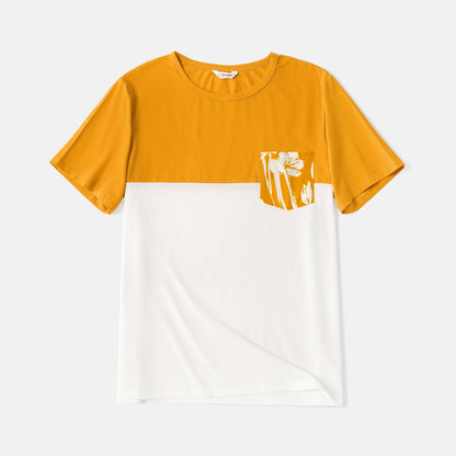 Family Matching Cotton Short-sleeve Colorblock T-shirts and Floral Print Off Shoulder Belted Dresses Sets - 20566942