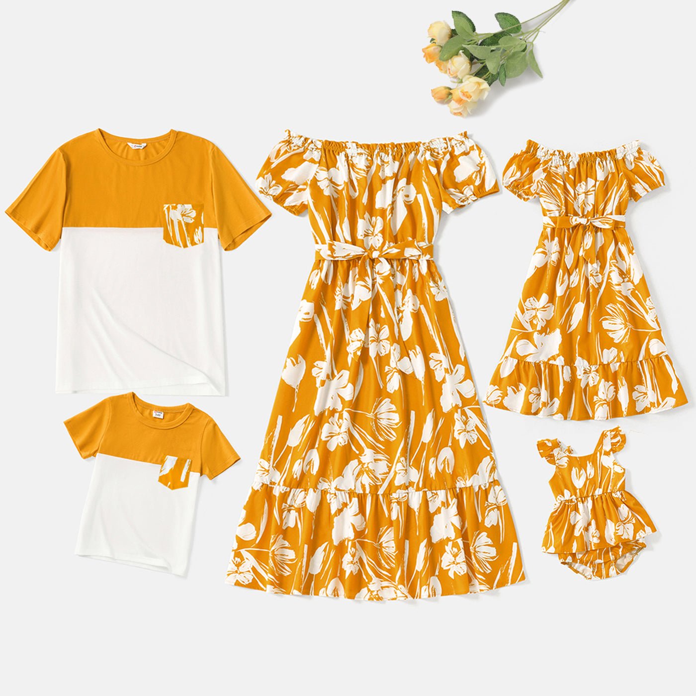 Family Matching Cotton Short-sleeve Colorblock T-shirts and Floral Print Off Shoulder Belted Dresses Sets - 20566942