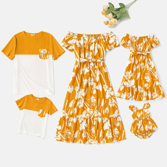 Family Matching Cotton Short-sleeve Colorblock T-shirts and Floral Print Off Shoulder Belted Dresses Sets - 20566942