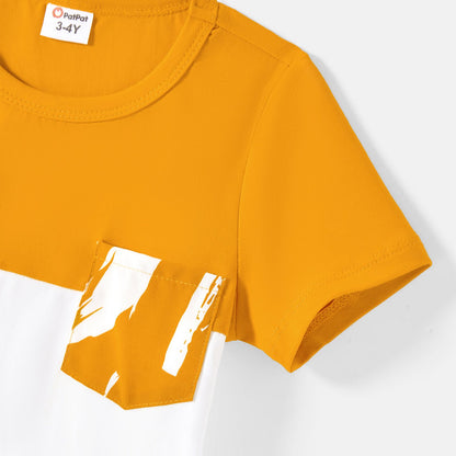 Family Matching Cotton Short-sleeve Colorblock T-shirts and Floral Print Off Shoulder Belted Dresses Sets - 20566942
