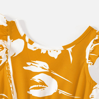 Family Matching Cotton Short-sleeve Colorblock T-shirts and Floral Print Off Shoulder Belted Dresses Sets - 20566942