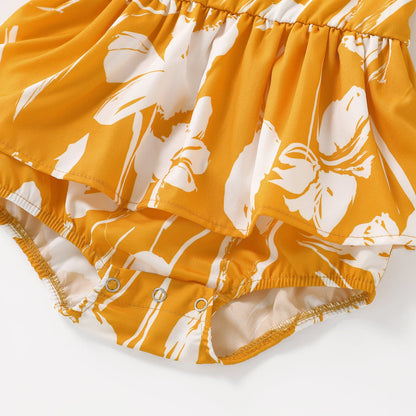 Family Matching Cotton Short-sleeve Colorblock T-shirts and Floral Print Off Shoulder Belted Dresses Sets - 20566942