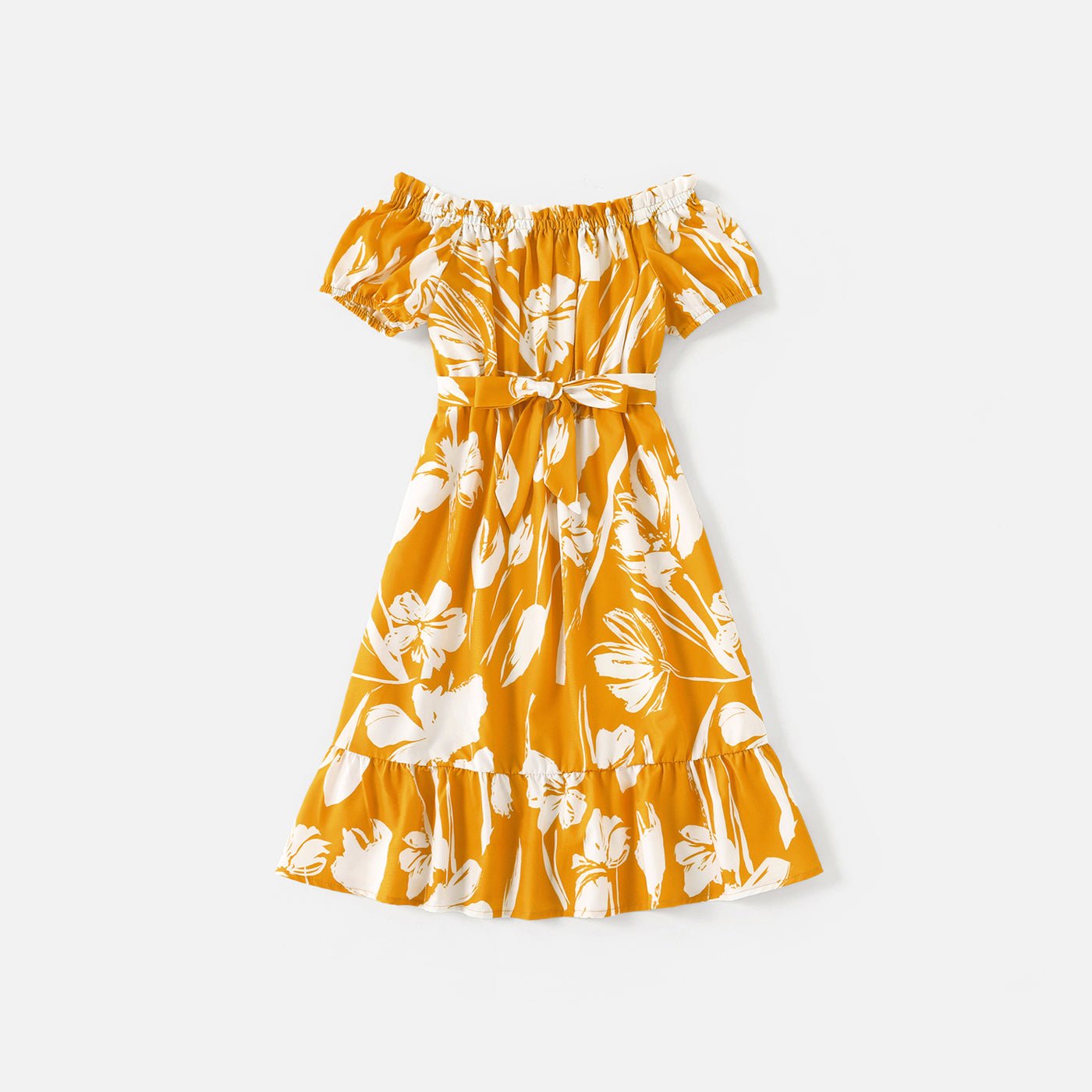 Family Matching Cotton Short-sleeve Colorblock T-shirts and Floral Print Off Shoulder Belted Dresses Sets - 20566942