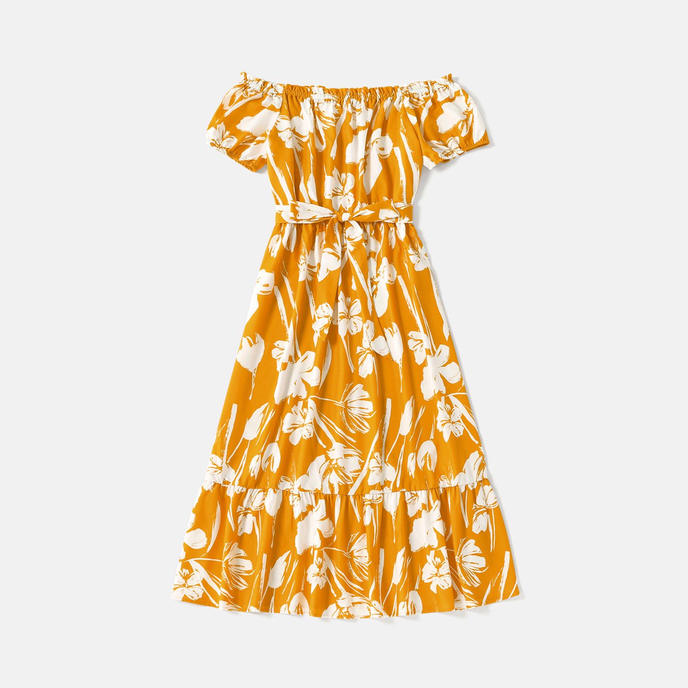 Family Matching Cotton Short-sleeve Colorblock T-shirts and Floral Print Off Shoulder Belted Dresses Sets - 20566942