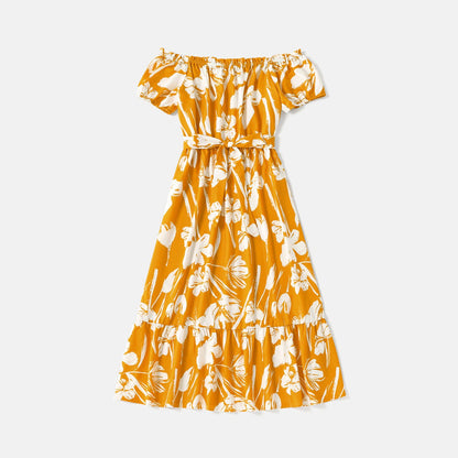 Family Matching Cotton Short-sleeve Colorblock T-shirts and Floral Print Off Shoulder Belted Dresses Sets - 20566942