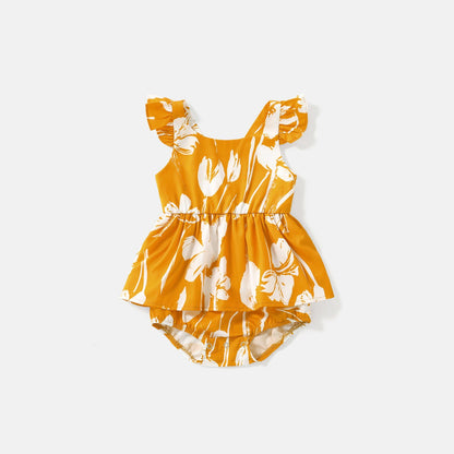 Family Matching Cotton Short-sleeve Colorblock T-shirts and Floral Print Off Shoulder Belted Dresses Sets - 20566942