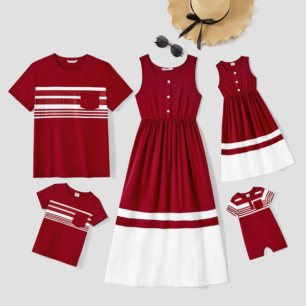 Family Matching Cotton Short-sleeve Spliced Striped Naia? T-shirts and Button Front Tank Dresses Sets - 20584564