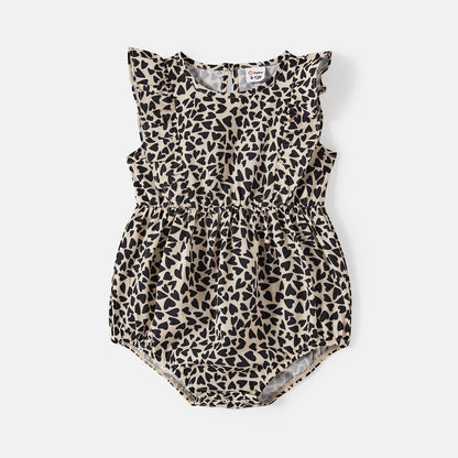 Family Matching Cotton Short-sleeve Spliced T-shirts and Leopard Print Halter Neck Sleeveless Belted Dresses Sets - 20607160