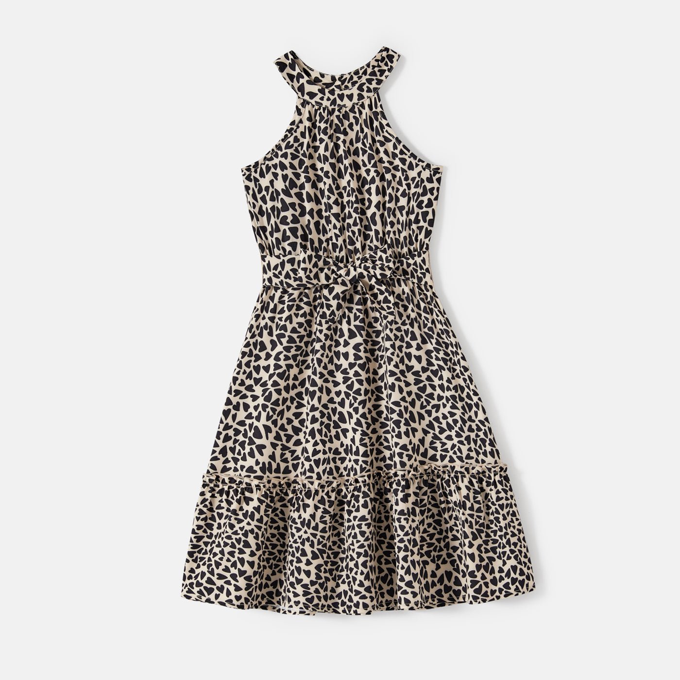 Family Matching Cotton Short-sleeve Spliced T-shirts and Leopard Print Halter Neck Sleeveless Belted Dresses Sets - 20607160