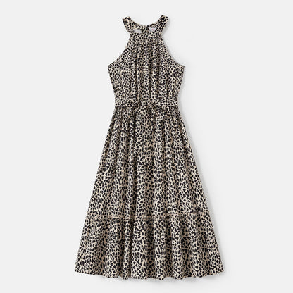 Family Matching Cotton Short-sleeve Spliced T-shirts and Leopard Print Halter Neck Sleeveless Belted Dresses Sets - 20607160