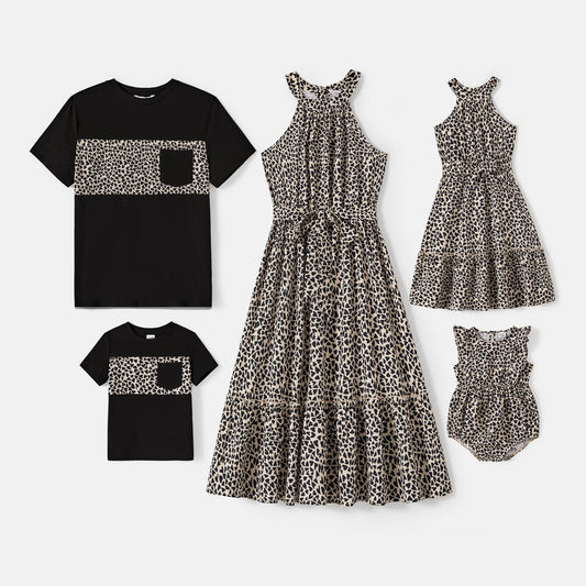 Family Matching Cotton Short-sleeve Spliced T-shirts and Leopard Print Halter Neck Sleeveless Belted Dresses Sets - 20607160