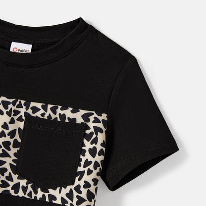 Family Matching Cotton Short-sleeve Spliced T-shirts and Leopard Print Halter Neck Sleeveless Belted Dresses Sets - 20607160