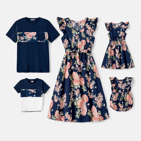 Family Matching Cotton Short-sleeve Spliced Tee and Allover Floral Print Flutter-sleeve Belted Dresses Sets - 20597047