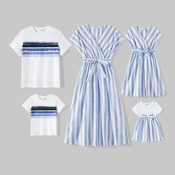 Family Matching Cotton Short-sleeve Spliced Tee and Striped Surplice Neck Short-sleeve Belted Dresses Sets - 20611177