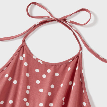 Family Matching Cotton Short-sleeve Striped T-shirts and Polka Dot Print Halter Ruffle Trim Dresses Sets - 20567819