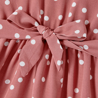 Family Matching Cotton Short-sleeve Striped T-shirts and Polka Dot Print Halter Ruffle Trim Dresses Sets - 20567819