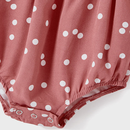 Family Matching Cotton Short-sleeve Striped T-shirts and Polka Dot Print Halter Ruffle Trim Dresses Sets - 20567819