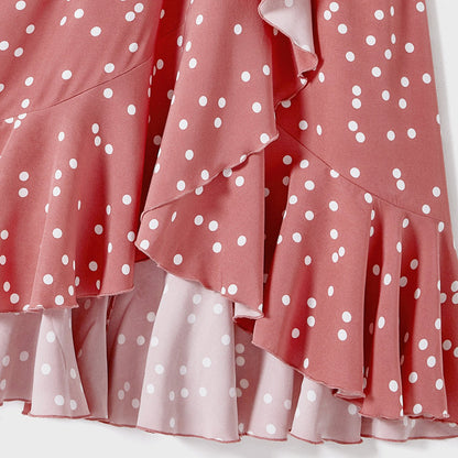 Family Matching Cotton Short-sleeve Striped T-shirts and Polka Dot Print Halter Ruffle Trim Dresses Sets - 20567819